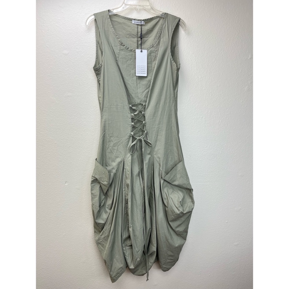 Luukaa Cotton Front Lace Up Sleeveless Dress Lagenlook Size 10 NWT Olive Green